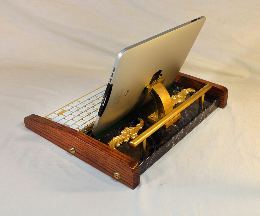 Ipad Workstation - Keyboard - Tablet Dock - Victorian Marble Steampunk - Oak - Desktop Workstation