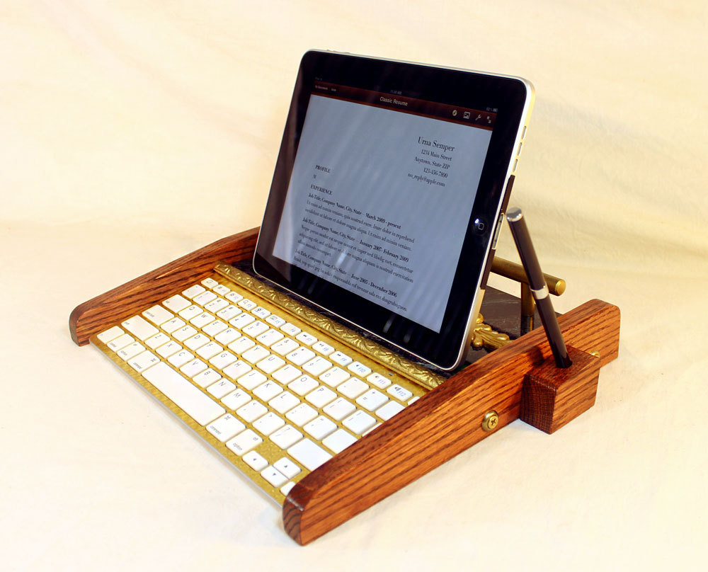 Ipad Workstation - Keyboard - Tablet Dock - Victorian Marble Steampunk - Oak - With Pen Stylist - Desktop Workstation